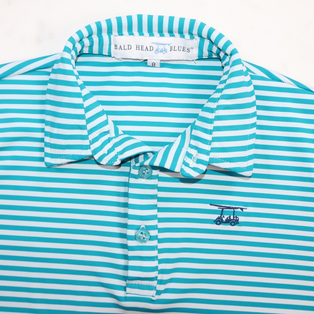 Bald Head Blues Boys Size 8 Striped Performance Golf Polo Shirt Turquoise White